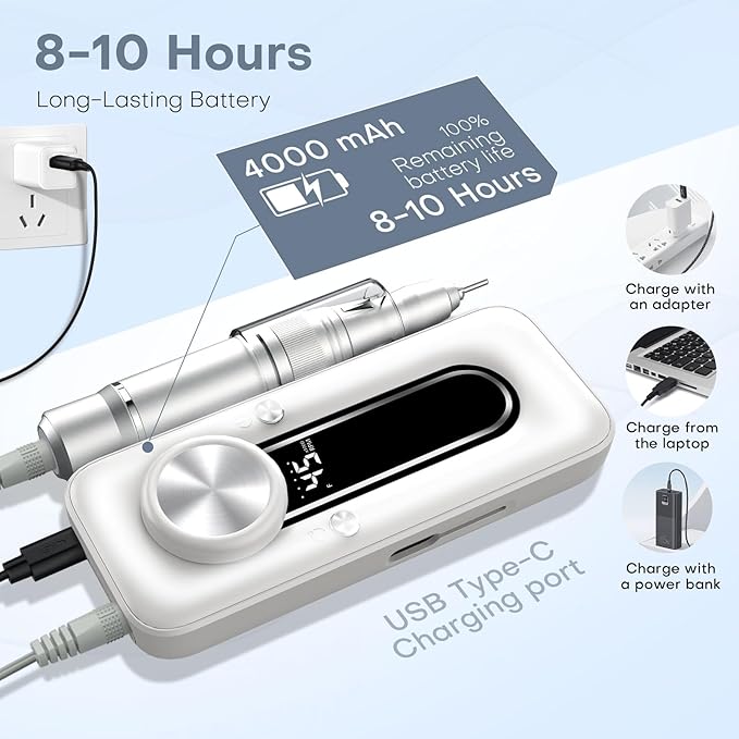TUOBEO Nail Drill Electric Nail File Kit 45000 RPM Professional Efile Nail Set,Cordless Portable Rechargeable Acrylic Gel Nail Polish Remover Machine Pedicure Manicure Tool for Salon Home White