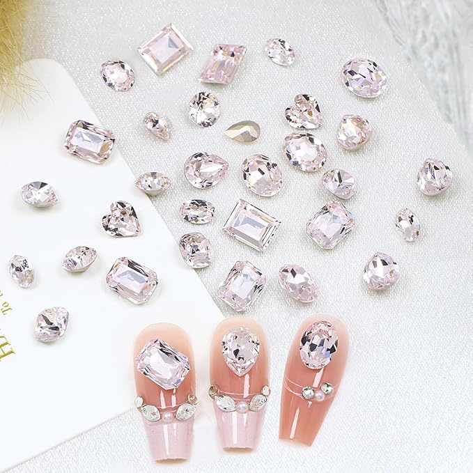 DONGZHOU 72pcs Mix Shape Nail Art Rhinestone,7 Styles Glass Nail Rhinestones Pointback Nail Gems Shiny 3D Nail Charms for Nail DIY Decorations Crafts,Pink