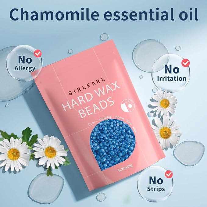 GIRLEARLE Hard Wax Beads, 1lb Wax Beans for Hair Removal, Hard Wax for Women Sensitive Skin at Home, Wax Refill Perfect for Brazilian Bikini, Eyebrow, Legs, Facial and Full Body with Chamomile Formula