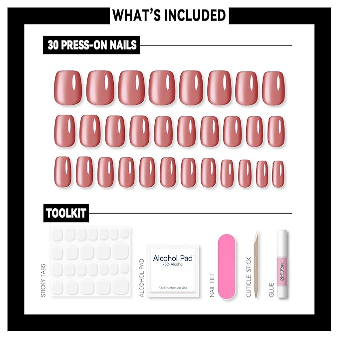 Okiyomi Pink Press on Nails - Dusky Rose Pink Cat Eye Press on Nails | Magnetic Sunset Rose Shimmer - Short Ballerina Squoval Shape - 15 Sizes - 30 Soft Gel Fake Nails with Glue and Stick On Tabs