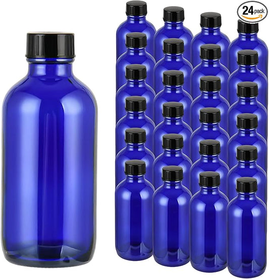 Exlvanto Small Glass Bottles with Lids Boston Round Shot Bottles for Health, Immunity, Ginger Juice, Essential Oils, Potion - Leak Proof Mini Travel Containers (Blue UV, 4oz-24Pack)