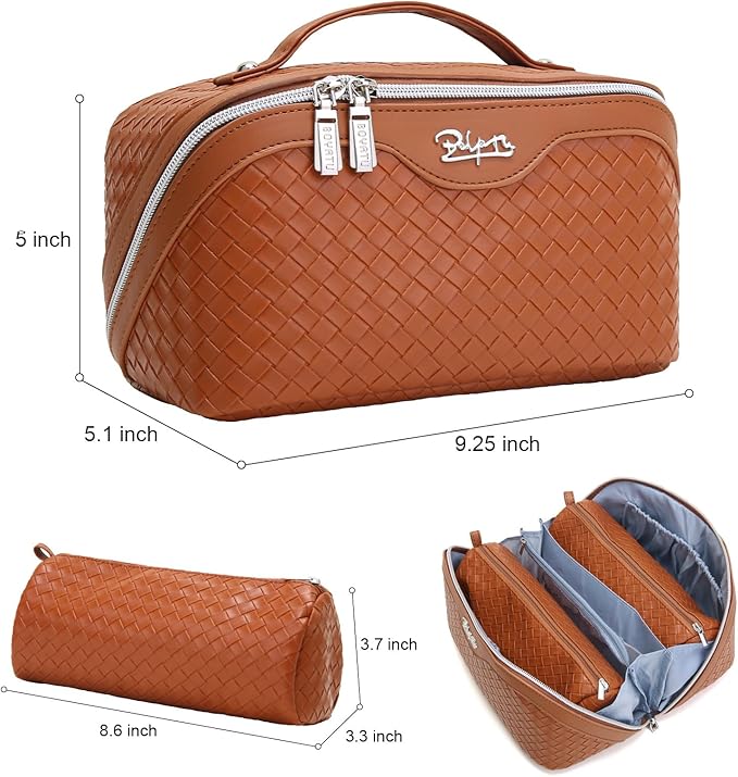 BOYATU Travel Makeup Bag Cosmetic Bags for Women: Large Capacity 3 Pcs Set Make up Bag with Compartments - Waterproof Vegan Leather Toiletry Organizer Bags with Handle (L08 Brown)