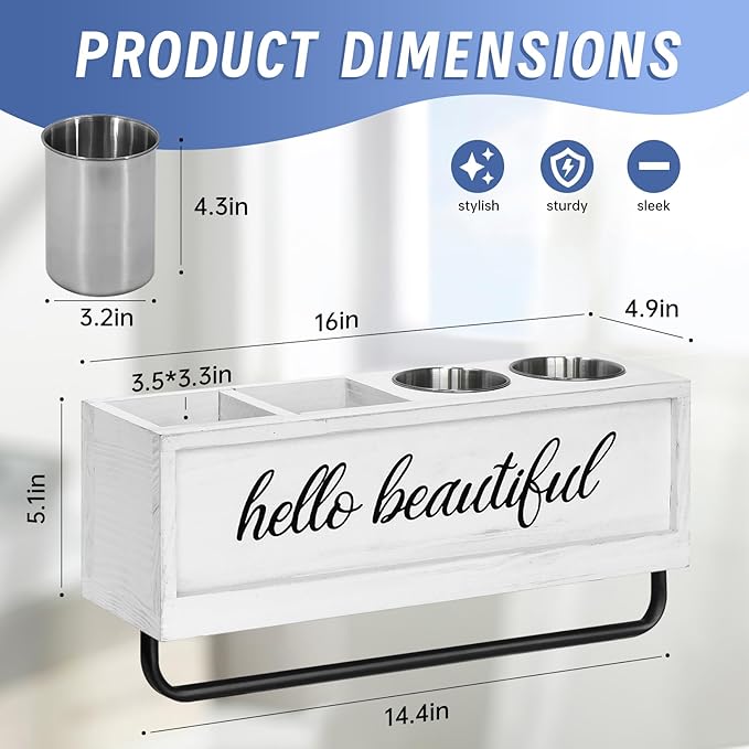 Hair Dryer Holder Wall Mounted, Hair Tools and Styling Organizer with Towel Bar, Farmhouse Beauty Hair Appliance Holder for Flat Iron, Curling Wand, Towel Rack (White)