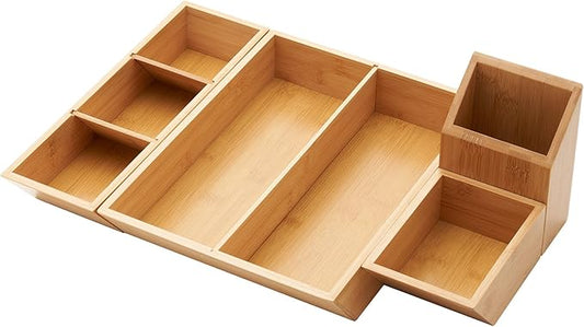 TRINITY EcoStorage 4-Piece Bamboo Desk & Drawer Organizer Set, Multi-Use Home & Office Storage Bins with Removable Compartment Dividers