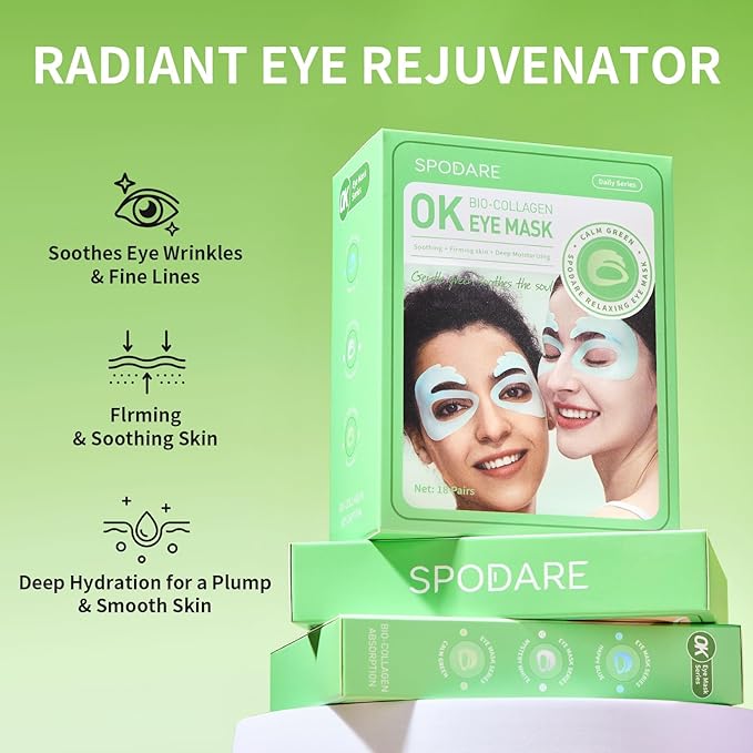 OK Shape Eye Masks, 360° Fit Under Eye Patches with Collagen and Lavender Flower Extract, Firming Eye Masks for Puffy Eyes, Wrinkles, Self Care Gifts for Women - 18 Pairs, Calm Green