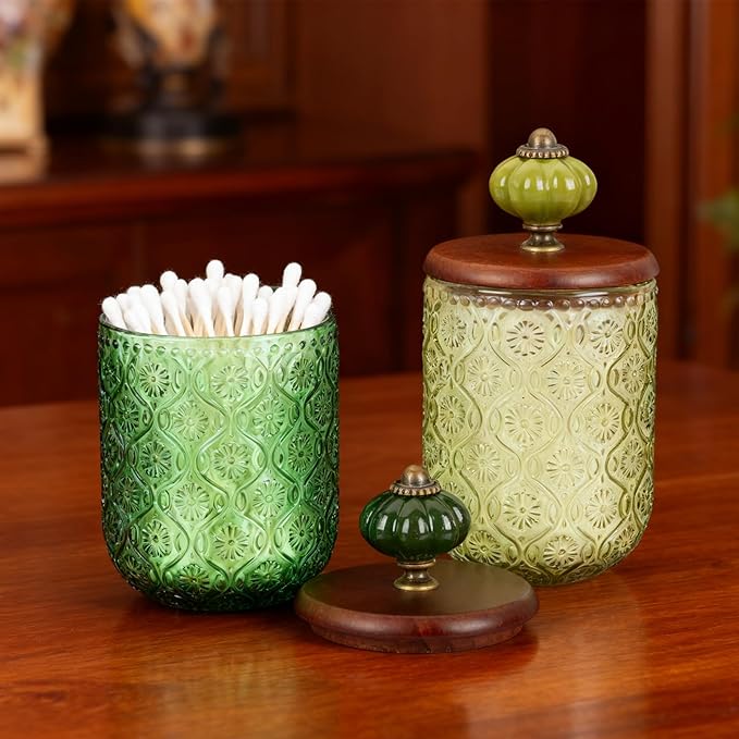 Canumer 2 Pack Green Qtip Holder – Glass Apothecary Jars with Lid, Qtip Dispenser, Bathroom Storage Organizer for Cotton Balls, Swabs, Pads, Floss, Makeup Essentials, Candy, Vintge Decor