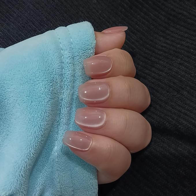 Cat Eye Press on Nails Handmade Short Oval/Square/Round False Nails with French Tip/Aurora/Magnetic Shimmer Designs (Side#Pink Crystal M)