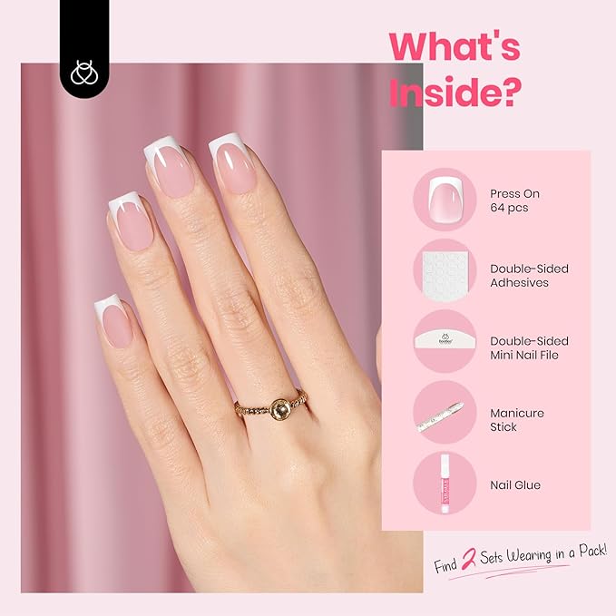 Beetles Short Squoval French Tip Press On Nails, 16 Sizes 64 Pcs Pink Squoval Shape Short Square Press On Nails Fake Nails Extensions Gel Nail Tips Nail Art DIY Manicure Gifts for Women