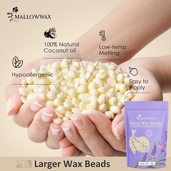Mallowwax Hard Wax Beads, 2LB Coconut Cream Wax for Sensitive Skin, Gentle Hair Removal for Face, Bikini, Legs & Brazilian, No Strips Needed & Easy to Use at Home