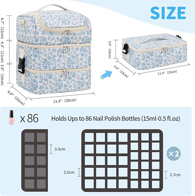 Extra Large Nail Polish Organizer - Three Layer Nail Organizers And Storage Bag, Portable Nail Supplies Organizer Case, Nail Tech Kit Travel Carrying Box with Shoulder Strap (Floral Blue, 86 Slots)