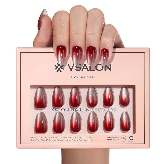 VSALON Press On Nails Short Almond, 32 Pcs 16 Sizes Red Cat Eye Press On Ombre Chrome Fake Nails With UV Cure Glue, Reusable Stick On Nails False Nails Kit Valentines Gifts For Women