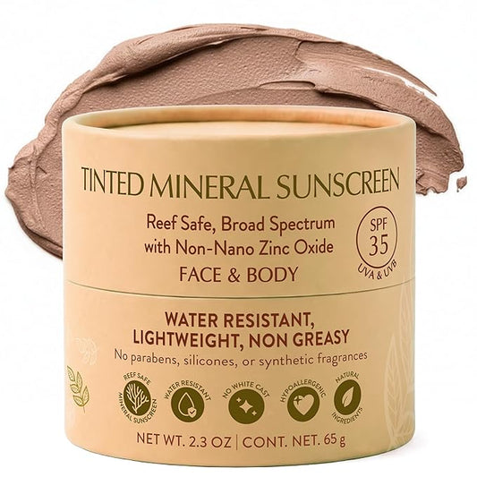 NATÚ BOTANICALS Tinted Mineral Face and Body Sunscreen SPF 35 - Mineral Zinc Oxide Sunblock Lotion - Broad-Spectrum UVA & UVB Protection - Lightweight & Gentle for Sensitive Skin - Reef Safe