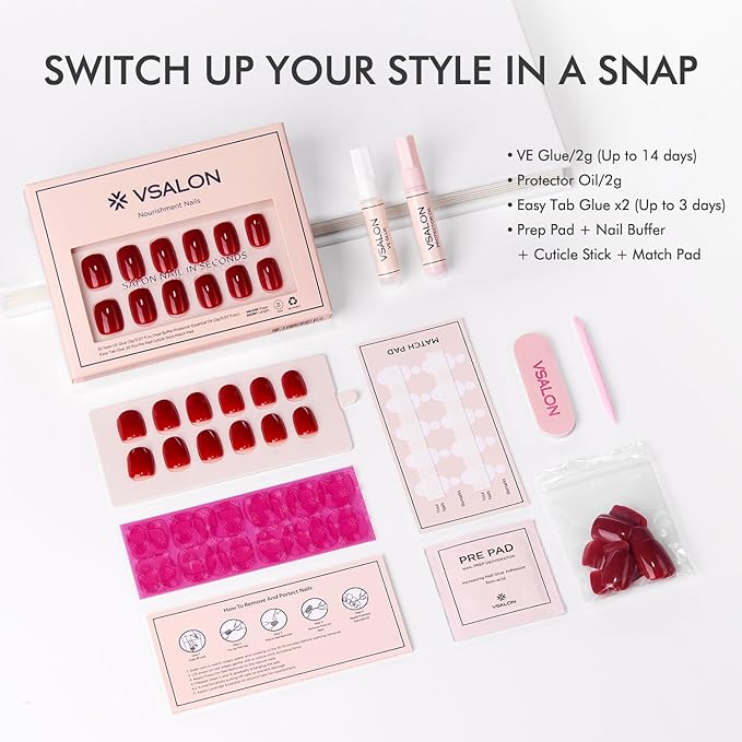 VSALON Press on Nails Short Square - Red Glossy Pastel New Year Fake Nail Kit for Women,Reusable Gel Opaque Glue on Nails with Glue & Cuticle Oil - 32 PCS Stick on Nails in 16 Sizes