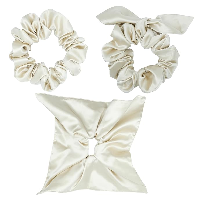 100% Mulberry Silk Scrunchies for Curly Hair, Thick Hair, and All Hair Types, 22 Momme 6A Grade, Girl Hair Ties, OEKO‑TEX Certified, Anti‑Frizz, Luxury Gift for Women, Cool Presents for Wife (Cream)