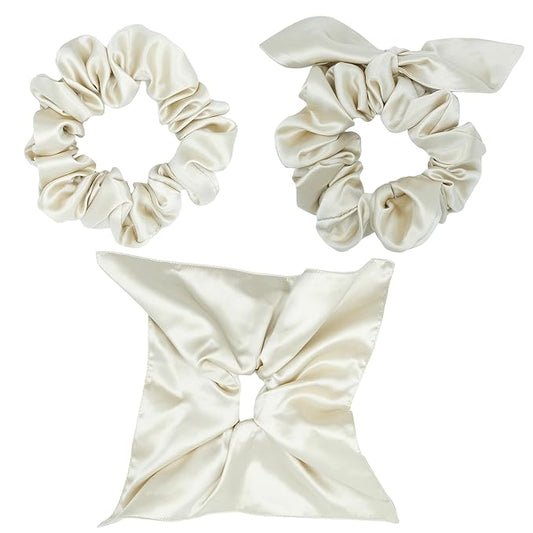 100% Mulberry Silk Scrunchies for Curly Hair, Thick Hair, and All Hair Types, 22 Momme 6A Grade, Girl Hair Ties, OEKO‑TEX Certified, Anti‑Frizz, Luxury Gift for Women, Cool Presents for Wife (Cream)
