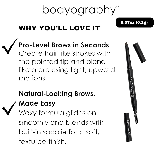 Bodyography Brow Assist – Brown | Triangular Tip Eyebrow Pencil for Women with Built-In Spoolie | Defines, Fills & Shapes Brows | Mineral-Based Formula with Castor & Coconut Oil | Clean, Vegan