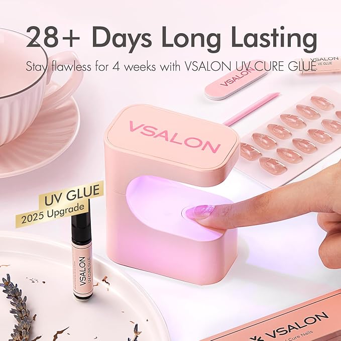 VSALON Press On Nails Short Almond, Nude Pink Pearl Chrome Shimmer Fake Nails With UV Glue, Reusable Stick On Nails Acrylic Neutral Glazed Donut Fall Gift Glue On Nails in 16 Sizes - 32 Nails Kit
