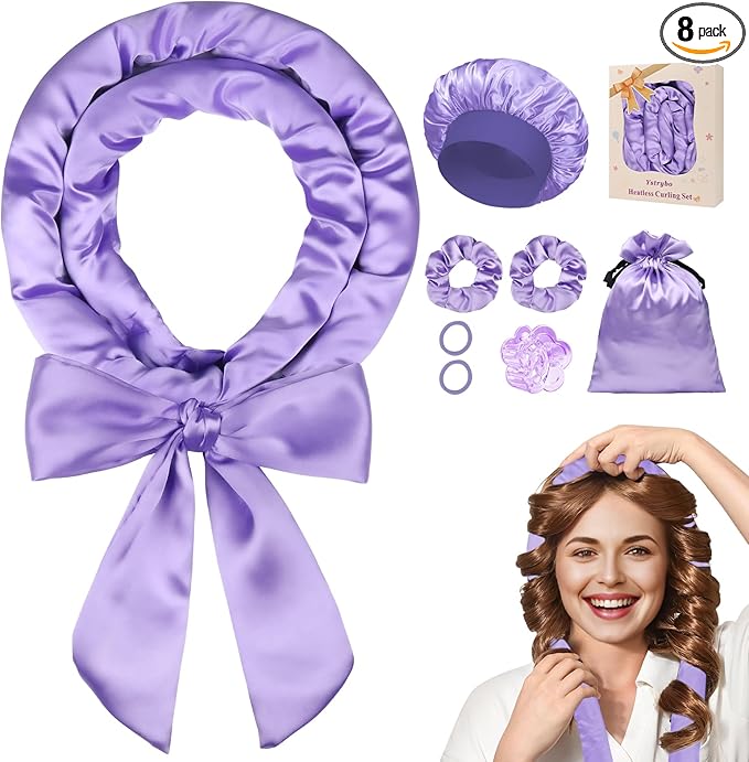 Ystrybo Satin Heatless Hair Curler Curls Overnight Hair Curlers to Sleep in, Hair Curlers No Heat Curls Overnight, Heatless Curling Set for Women Long Hair - 8 Pcs (Purple)