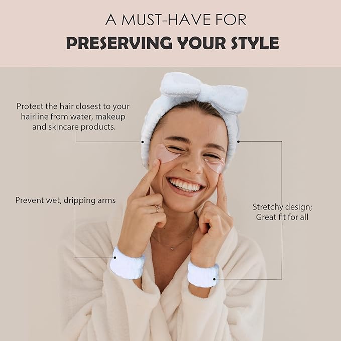 Ayesha Blue Spa Headband and Wristband Set for Skincare Makeup Headband Wrist Cuffs for Washing Face Bubble Skincare Hairband for Women Girls (Blue set)