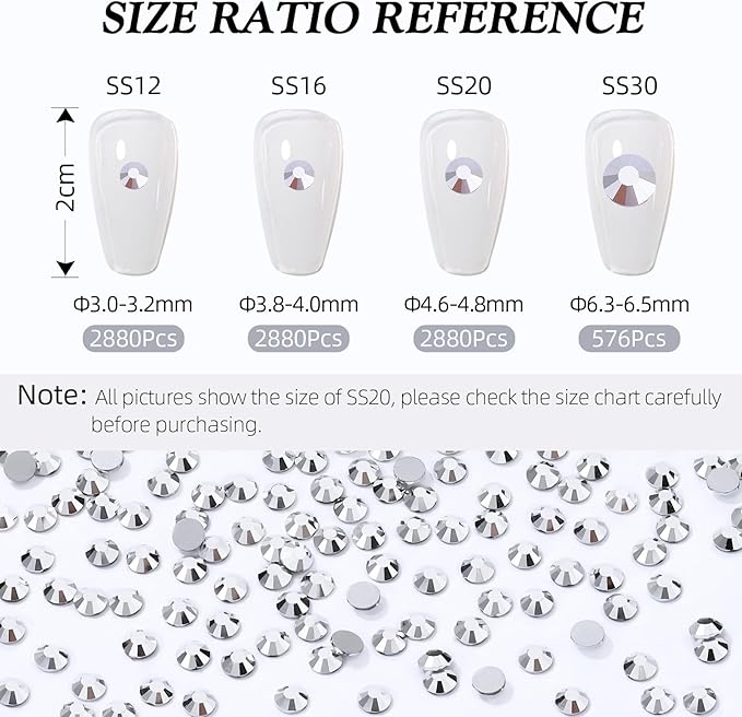 Meibite Silver Flatback Rhinestones, Glass Rhinestones for Nail Art and Craft, Glue Fix, Loose Crystal Gemstones(Silver, SS30, 576pcs, 6.4-6.6mm)