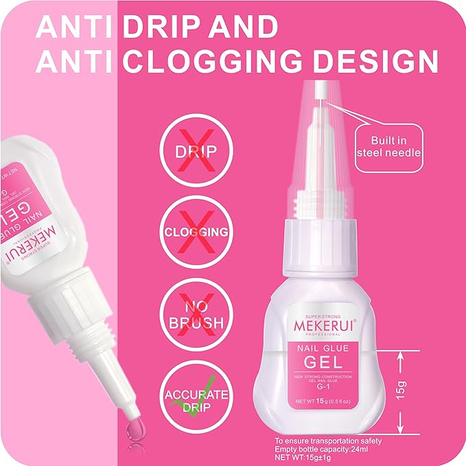 MEKERUI Super Strong Nail Glue Gel 15g – Air-Dries in 7 Seconds, No UV Lamp Needed, Waterproof & Long-Lasting for Press-On Nails
