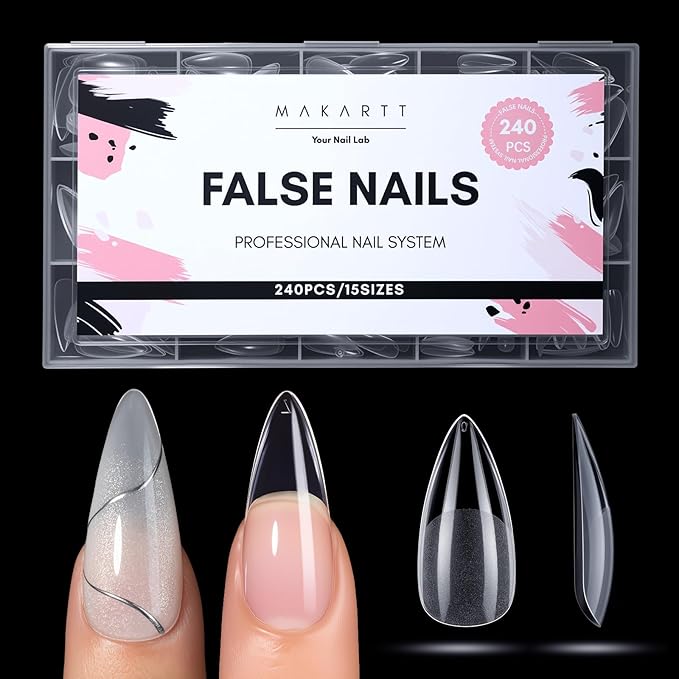 Makartt Medium Stiletto Almond Nail Tips: Clear, 240PCS, 15 Sizes, Half Matte, Fake Nails Stiletto Shapes - Full Cover Soft Acrylic Press On Nail Extensions Supplies Salon and DIY at Home