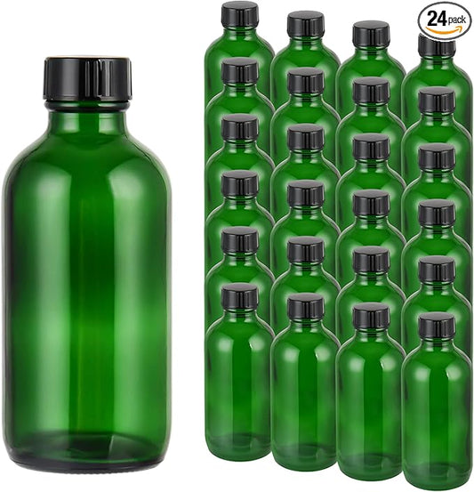 Exlvanto Small Glass Bottles with Lids Boston Round Shot Bottles for Health, Immunity, Ginger Juice, Essential Oils, Potion - Leak Proof Mini Travel Containers (Green UV, 4oz-24Pack)