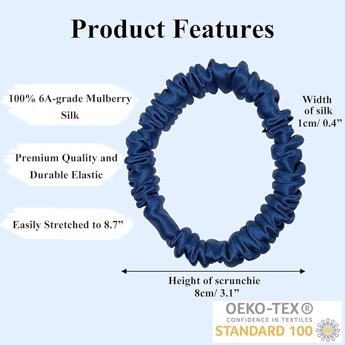 VLOMOT 3 Pcs Set 100% Pure Mulberry Silk Hair Scrunchies Hair Ties with 3 Chic Colors Everyday Skinny Scrunchies Silk Ponytail Holders Hair Care No Damage (Blue)