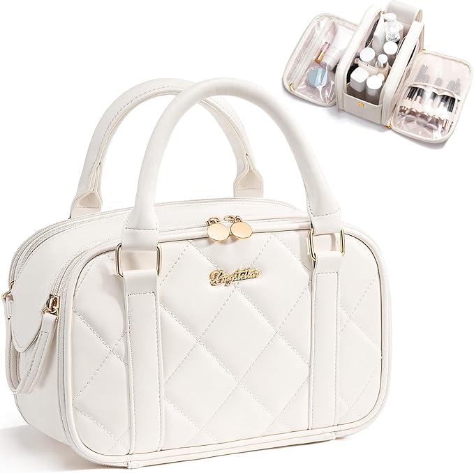 Bagstellar Travel Makeup Bag, Large Capacity Quilted Toiletry Bag for Women, Wide-open Cosmetic Bag Make Up Case Organizer Portable Pouch w/Handle & Brush Holder for Traveling Accessories Ivory White