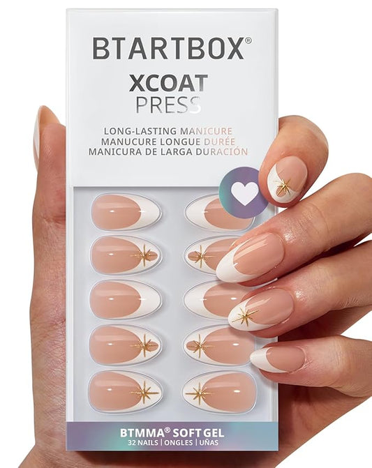 BTArtbox Press On Nails Short - Starlight Frost, 3D Gold French Tip Press On Nails with Glue and Adhesive Tabs for Women in 16 Sizes - 32 Soft Gel Glue On Nails Kit