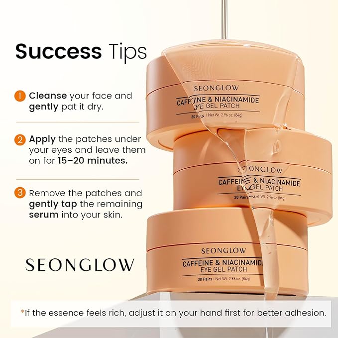 SEONGLOW Caffeine Under Eye Patches: 30 Pairs Korean Hydrogel Eye Masks for Dark Circles Puffiness Relief with Niacinamide Hyaluronic Acid - Undereye Brightening Hydrating Anti-Wrinkle Treatment