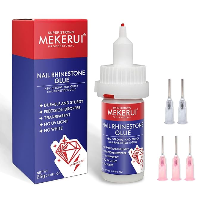 Mekerui Quickly Dry Rhinestone Glue for Nail – No UV Needed – Precision Dropper + Needle – 30+ Days Clear Hold – Nail Art Rhinestones Design Tools