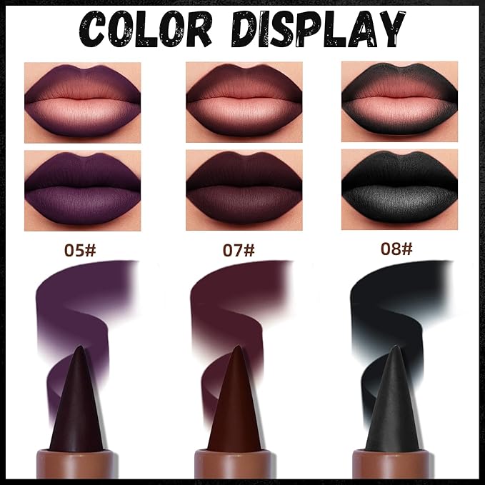 HOSAILY 3 Colors 2 in 1 Gothic Lip Liner Set, Matte Purple Dark Red Black Lip Liner Plumping Smooth Creamy Lip Pencil, High Pigmented Long lasting Lip Stain Lipstick Goth Halloween Makeup, 05+07+08
