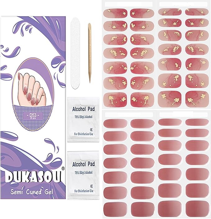 DUKASOU Semi Cured Gel Nail Strips, 56Pcs Nail Art Stickers/Wraps, Long Lasting UV Nail Polish Strips for Adults(Gold Peach Red+Gradient Pink)
