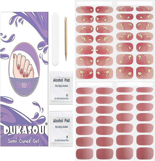 DUKASOU Semi Cured Gel Nail Strips, 56Pcs Nail Art Stickers/Wraps, Long Lasting UV Nail Polish Strips for Adults(Gold Peach Red+Gradient Pink)