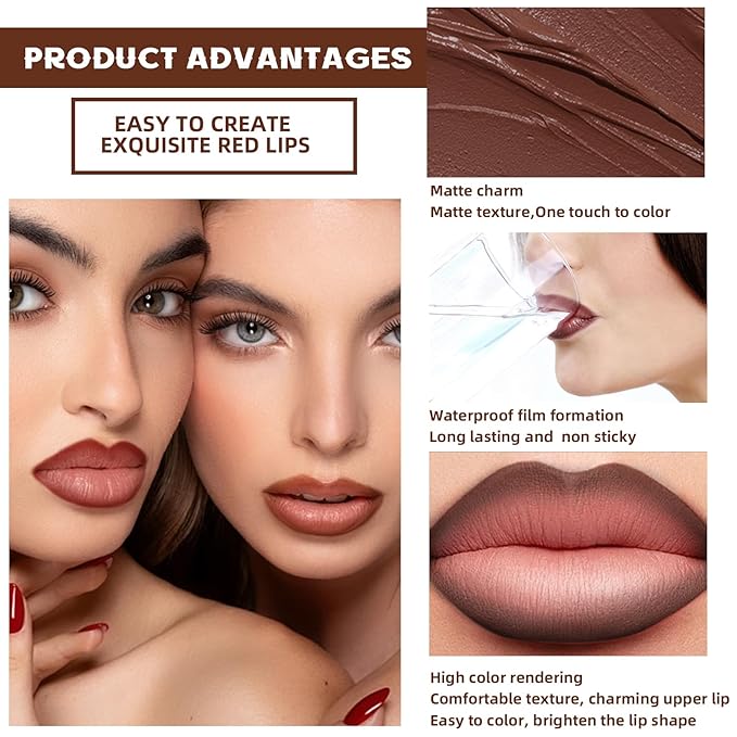 HOSAILY 3 Colors 2 in 1 Lip Liner Set, Matte Nude Dark Brown Red Lip Liner Plumping Smooth Creamy Lip Pencil, High Pigmented Long lasting Light Brown Lipstick Makeup