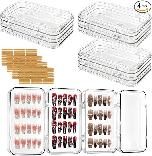 JAPCHET 4 Pack Tri-Fold Press On Nail Organizers, 4-Page Press On Nail Storage Box with 120 Adhesive Double Sided Tape, Clear Nail Packaging Boxes for Storage Display Fake Nails, 6x3 Inch