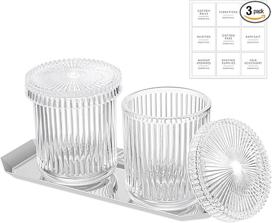 Yiyiring 2 Pack Glass Cotton Swab Holder with Lids and 1 Pack Stainless Steel Trays and Labels Glass Swab Dispenser Cotton Ball Holder Apothecary Jars Floss Pick Containers Bathroom Organizers(Clear)