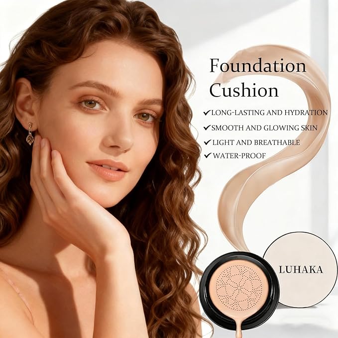 Foundation Cushion, CC Cream With Mushroom-Shaped Applicator, BB Cream Foundation, Lifts And Moisturizes, Long-Lasting And Evens Out Skin Texture (Lvory)