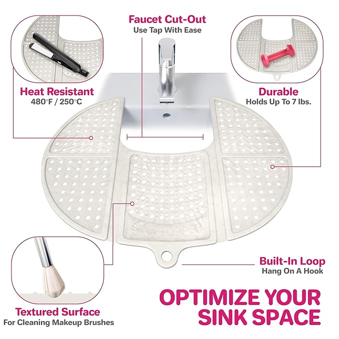 Sink Topper Bathroom Counter Cover & Storage Saver, Foldable Silicone Mat for Hot Tools, Hair Styling & Makeup, Beauty Brush Cleaning Mat, RV Camper Sink Cover & for Small Spaces (Standard Pearl)