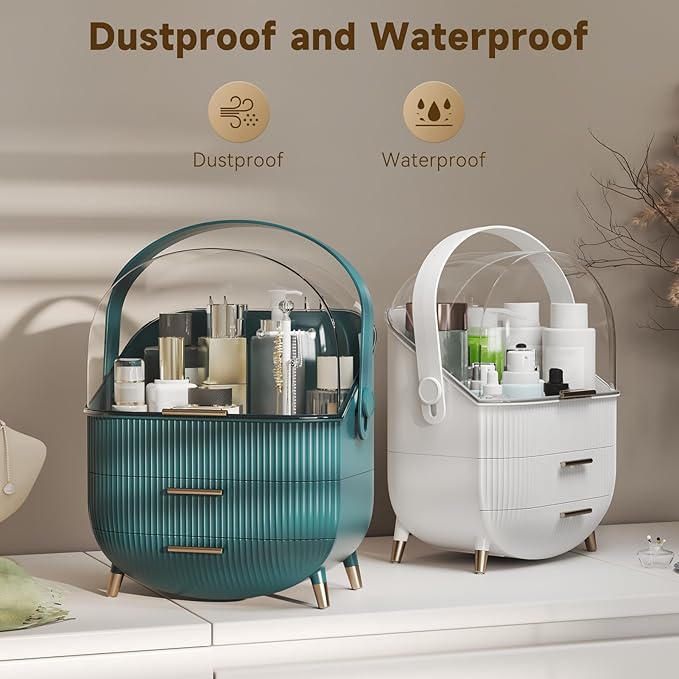 BTGGG Makeup Organizers, Make Up Organizer for Vanity, Countertop Cosmetic Storage with Drawers and Transparent Cover for Bedroom Bathroom, White