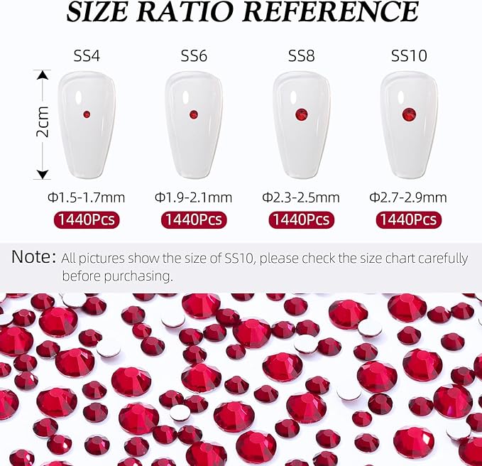 Meibite Siam Flatback Rhinestones, Glass Rhinestones for Nail Art and Craft, Glue Fix, Loose Crystal Gemstones(Siam, SS8, 1440pcs, 2.3-2.5mm)