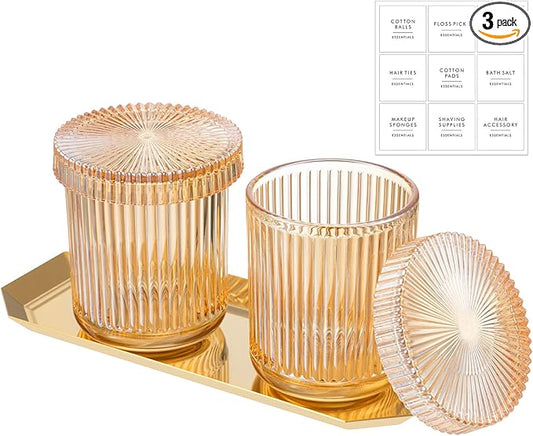 Yiyiring 2 Pack Glass Cotton Swab Holder with Lids and 1 Pack Stainless Steel Trays and Labels Glass Swab Dispenser Cotton Ball Holder Apothecary Jars Floss Pick Containers Bathroom Organizers(Amber)