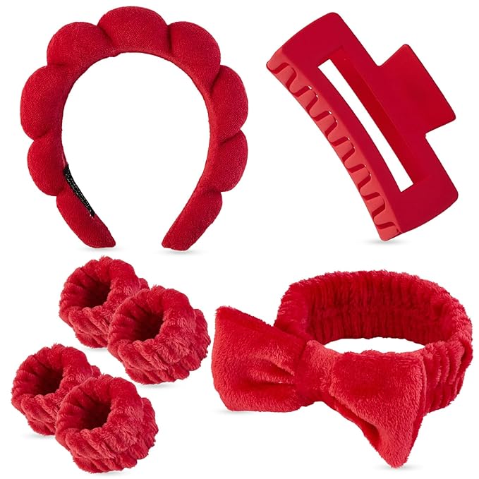 Yaqulen 7 Pcs Spa Set, Facial Headband and Wristband Set, Skincare Accessories, College Style Girl Idea Gifts, Hair Accessories for Women and Girls（Red）
