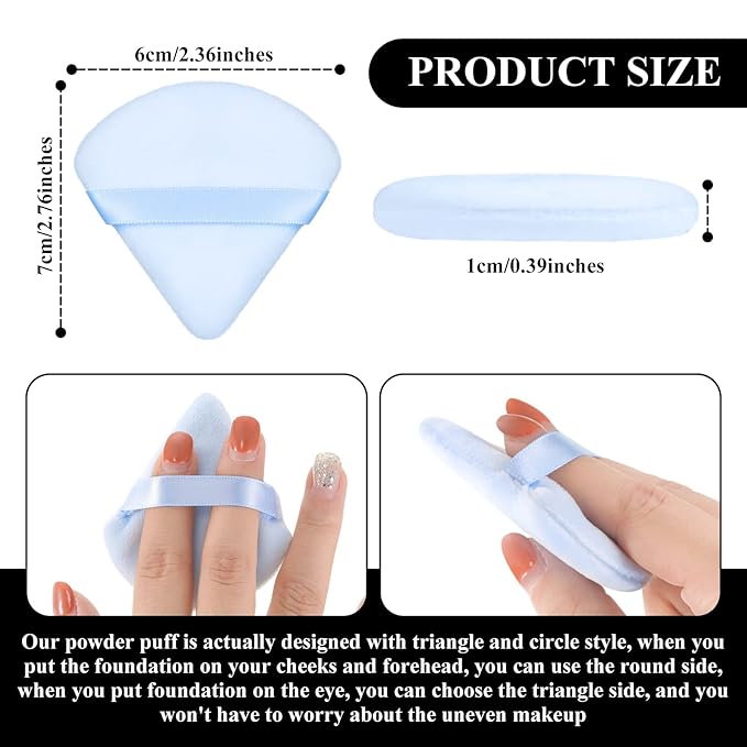 Maitys 12 Pcs Powder Puff Triangle for Face Makeup Cosmetic Loose Powder Puff Velour Soft Body Washable Reusable Foundation Sponge Wet Dry Makeup Tool for Women(Small,Black, White, Blue)