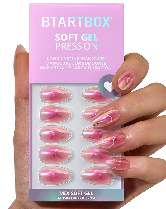 BTArtbox Press On Nails Almond - Neon Gradient, Pink Chrome Short Press On Nails with Glue and Adhesive Tabs for Women in 16 Sizes - 32 Soft Gel Glue On Nails Kit