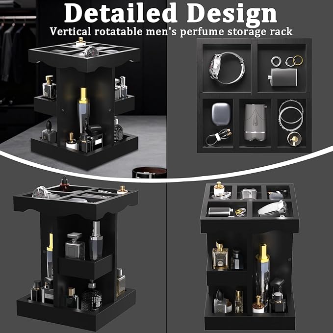 Rotating Cologne Organizer for Men - 3 Tier Cologne Stand - Wooden Large Capacity Perfume Stand Organizer for Mens Husband Perfume Holder for Bathroom Counter Cosmetics Display