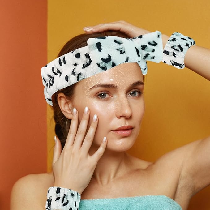 Yaqulen 7 Pcs Spa Set, Facial Headband and Wristband Set, Skincare Accessories, College Style Girl Idea Gifts, Hair Accessories for Women and Girls（ Black White Leopard Print ）