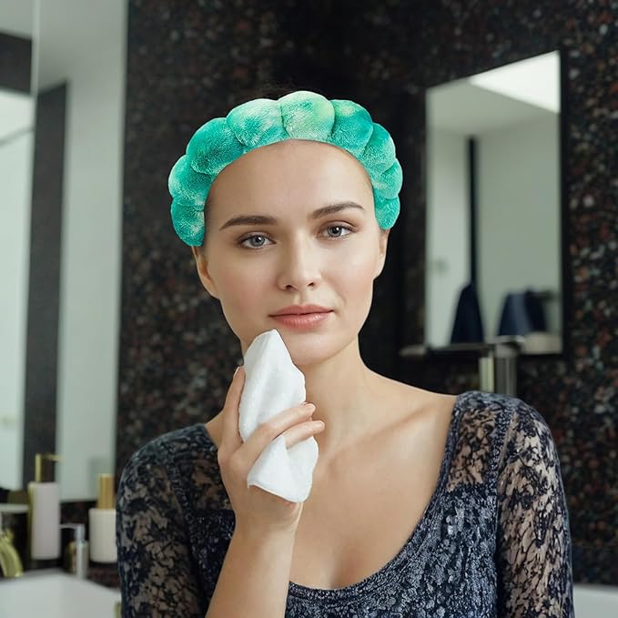 Yaqulen 7 Pcs Spa Set, Facial Headband and Wristband Set, Skincare Accessories, College Style Girl Idea Gifts, Hair Accessories for Women and Girls (Tie Dye Green