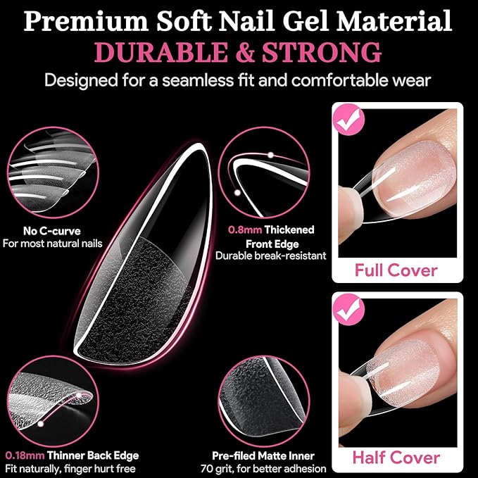 Qiek Medium Almond Fake Nail Tips, 15 Sizes 240 PCS Clear Half Matte Press On False Nail Tips Pre-shaped Full Cover Gel Nail Acrylic Soft Tips Extensions Thick Long Lasting for Home DIY Nail Salon